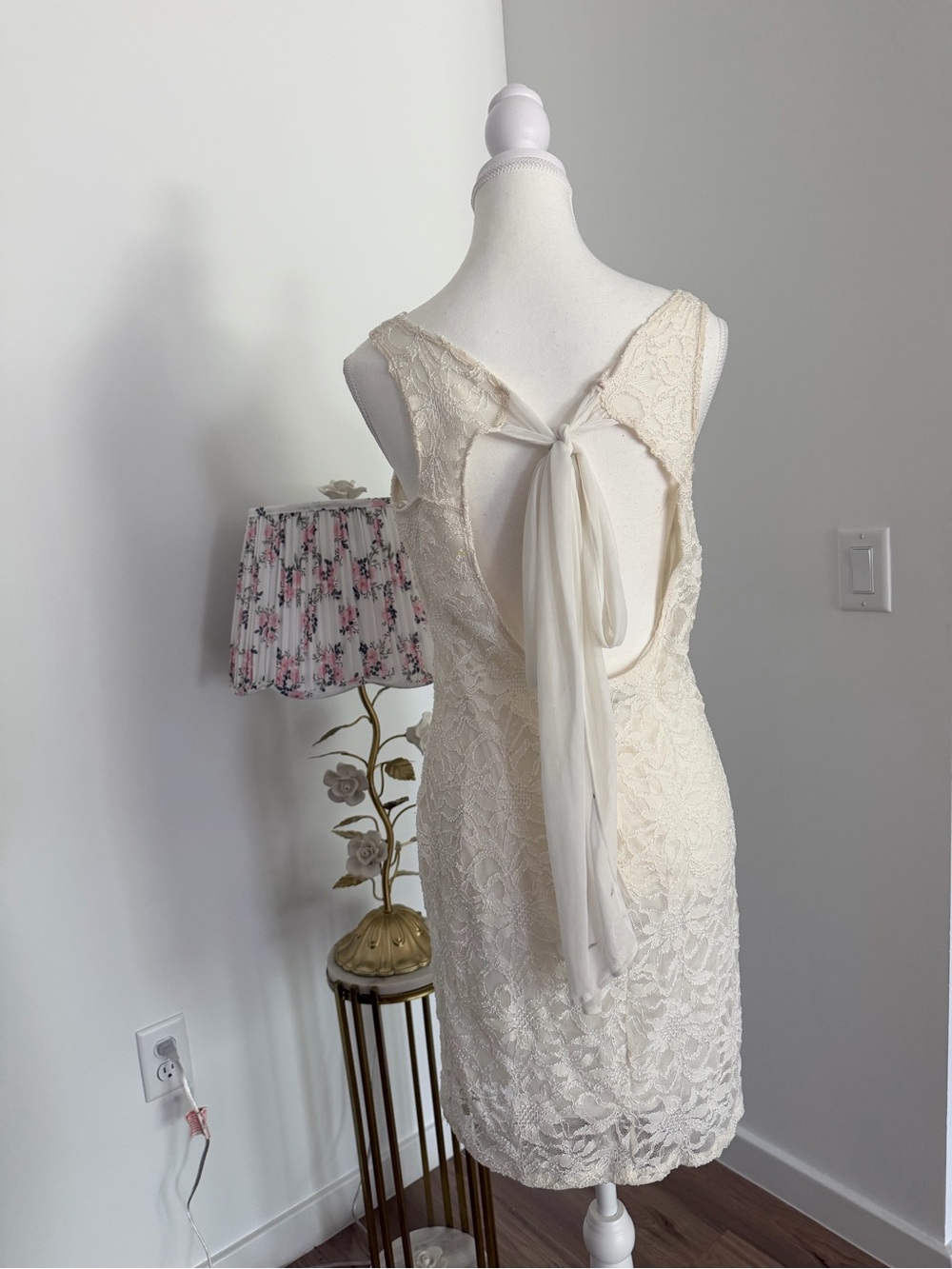 Jump Apparel Ivory floral Satin dress with Beaded Lace Trim